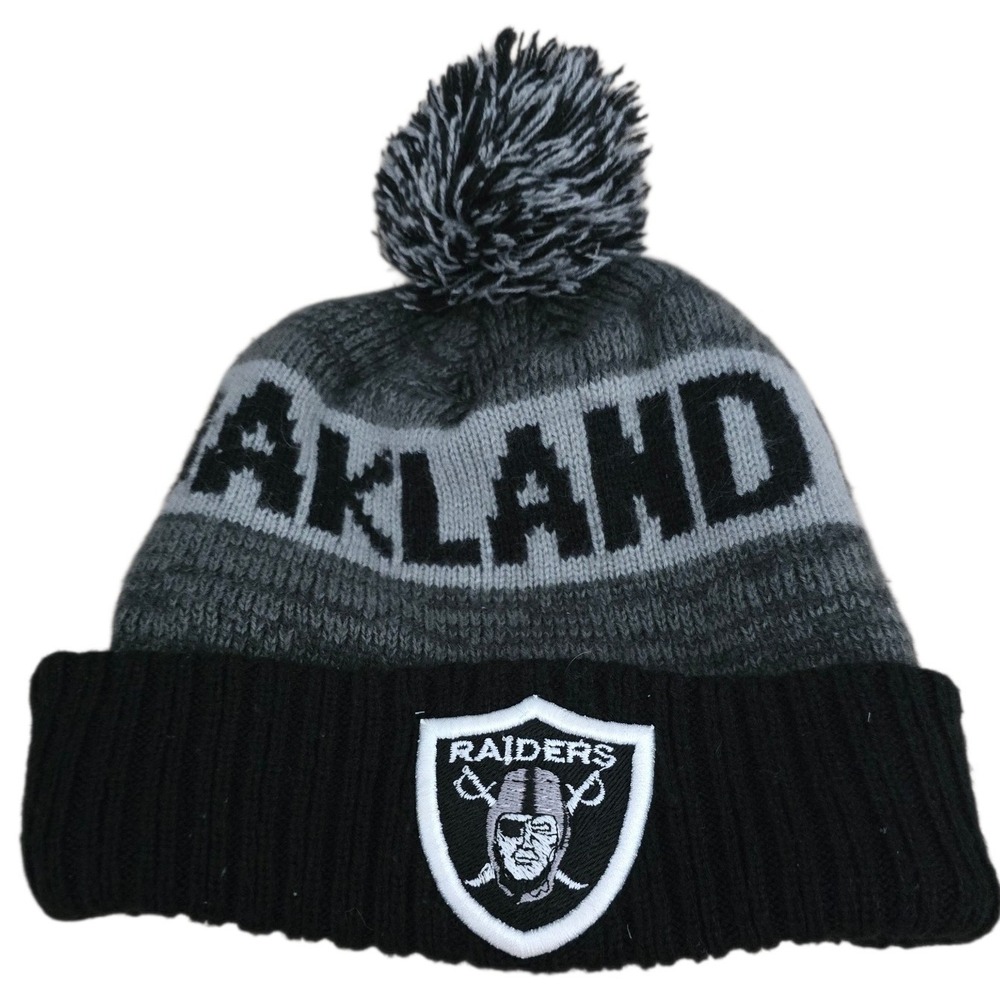 Oakland Raiders NFL Beanie Knit Hat Pom Pom Black Grey Oakland Shield Logo